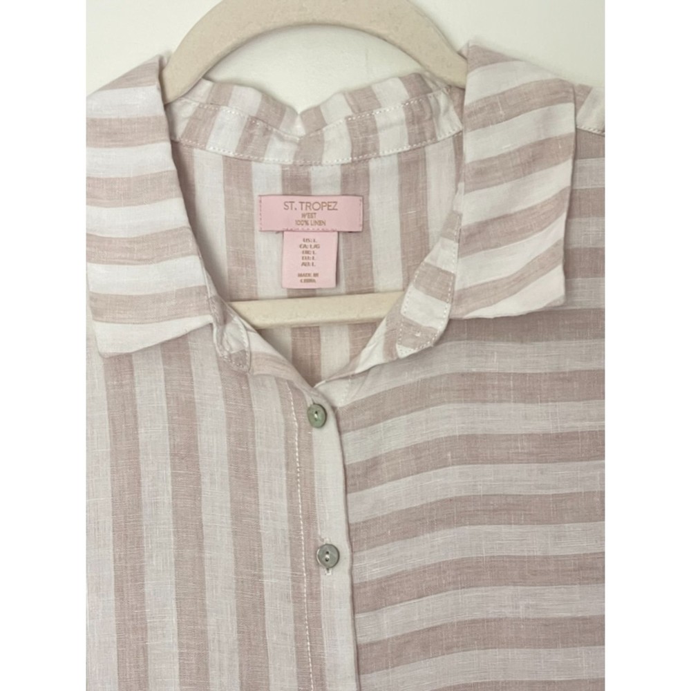 St. Tropez 100% Linen Neutral Beach Minimalist Button Shirt Women’s Large d128 - Picture 2 of 12
